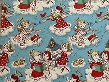 VTG CHRISTMAS WRAPPING PAPER GIFT WRAP ADORABLE MUSICAL ANGELS ON CLOUDS picture