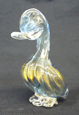 Vintage MURANO Clear Art Glass Duck Figurine STICKER Italy Blue Gold Flecks picture