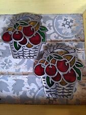 vitntage 1970s kitschy Cherries in a basket Metal and stained glass trivet picture