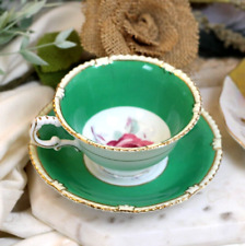 PARAGON tea cup and saucer Floral pink rose teacup England 1950s  Gadroon  green picture