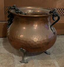 Antique Hammered Copper Cauldron Footed Bowl Made in Germany Wrought Iron Handle picture