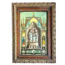 Antique Framed Sculpture of Jesus Mary and Joseph Holy Fam with Decorated Glass picture
