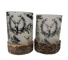 2 Debi Lilly Rustic Frosted Glass Bark Candle Holders Deer cabin decor picture