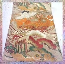 MARU OBI Silk Vintage Japanese Kimono Gold Leaf Cranes Car Flowers Beige 152