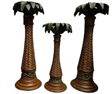 Vintage Mastercraft Wooden And Resin Palm Tree Candlesticks 2003 Set Of 3 Deco picture