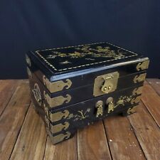 Vintage Oriental Black Lacquer Jewlery Box With Brass Accents & Mother Of Pearl picture