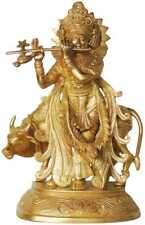 Brass Lord Krishna with Cow Statue Krishan Idol Hindu Deity Figurine 13.8 Inch picture