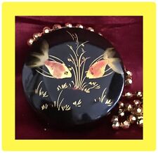 Vintage Japanese Lacquer Covered Porcelain Round Box Gold Koi Fish On Lid picture