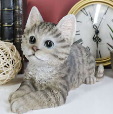 Resting Feline Gray Tabby Cat Kitten Figurine With Realistic Glass Eyes Decor picture
