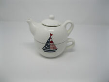 Nantucket Collector's Teapot Stoneware Red White & Blue Sailboat picture