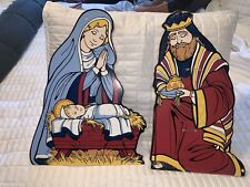 Vtg. Mary With Jesus In Manger & A Wise Man Press Wooden Back Prop  14”x20” picture