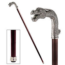 Italian Hand Crafted Solid Pewter Asian Dragon Head Hardwood Walking Stick Cane picture