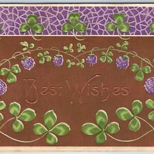 c1910s Best Wishes Embossed Gold Gilt Good Luck 4 Leaf Clover Flower PC Vtg A204 picture