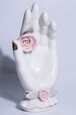 Vintage Victorian Porcelain Hand Figurine Trinket/Ring Holder Pink Rose Gilded picture
