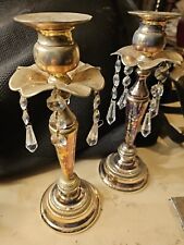 Vtg silverplate candle holders with  crystals arts & Crafts Floral Design 10x3