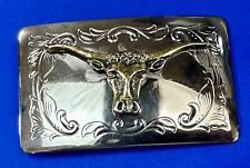 Raised Texas Longhorn cowboys cowgirls western reflective belt buckle picture