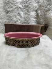 Vintage WILHITE of CALIF 9” Oval Casserole Dish Gold Brass Filigree Stand MCM picture
