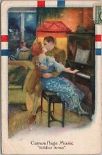 1918 Military Romance Postcard Soldier Kissing Girl at Piano 