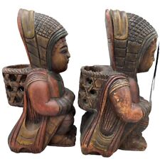 Asian Wood Figurines Statues Hand Carved Art Basket Sculpture Antique RARE Pair picture