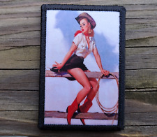 Vintage Pinup Girl Sitting On Fence Morale Patch Hook and Loop Cowgirl Army Sexy picture