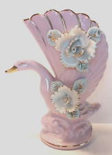 Vintage Grantcrest Flowered Swan Pink Porcelain Planter Vase White Roses. JAPAN picture