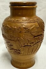 VNTG Hand Carved Wood Urn Ginger Tobacco Tea Jar w Lid Shanghai Handicrafts 5.5
