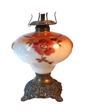 Antique Glass Oil Lamp Victorian Floral & Acorn Metal Base Lovely Multicolor 10