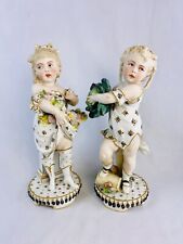 Antique German All Bisque Figurines Boy & Girl Carrying Flowers - 12” Tall picture