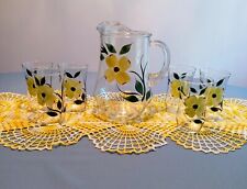 Antique Hand Painted Yellow Flower Clear Glass Pitcher/Glasses picture