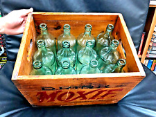Rare Dovetailed Antique Wood MOXIE Case w/ 12 Matching Aqua MOXIE 26 OZ. Bottles picture