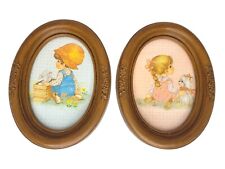 Vtg Set of 2 HOMCO Boy + Bunny/Girl + Puppy Framed Oval Picture Wall Decor 9