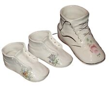 Vintage Floral White Ceramic Baby Shoe Boot Hand Painted Figurine Lot of 3 picture