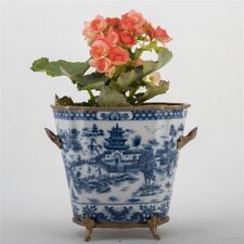 BLUE WILLOW OVAL PORCELAIN PLANTER/CACHEPOT WITH BRONZE ORMOLU -9'' X 7.5''H picture