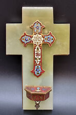 ANTQ ENAMELED BRONZE CHAMPLEVE/CLOISONNE CROSS WITH HOLY WATER FONT FRANCE C1870 picture
