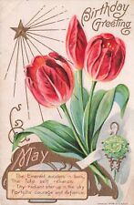 Nash Vintage Postcard. Red Tulips Emerald  May Gem Birthdays Series ca 1908. picture