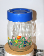 Vintage Carlton Glass Flower Pattern 1L Jar Canister with Blue Lid picture