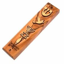 Holy Land Market Olive Wood Messianic Mezuzah Engraved and Ornamented with picture