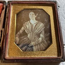 DAGUERREOTYPE LADY, HAND COLORED CHEEKS FULL STRIPPED DRESS WEARING RINGS picture