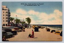 Sun Sand And Surf On Tropical Ft. Lauderdale Beach Florida Unposted Linen Cars picture