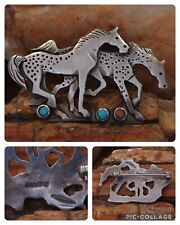 VINTAGE Navajo signed STERLING, TURQUOISE & CORAL Double Horse Pin picture