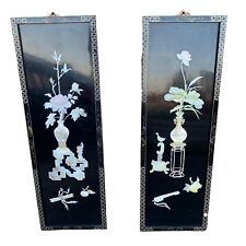 Antique Oriental Floral Birds Mother of Pearl Inlaid Black Lacquer Wall Art. 2pc picture