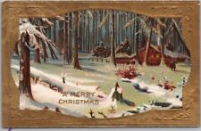 c1910s MERRY CHRISTMAS Postcard Winter Woods Scene / House / Night - UNUSED picture