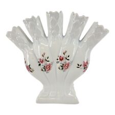 5 Finger Vase Tulip Footed White Ceramic Rose Vintage  Signed 1990 picture