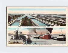 Postcard Bird's Eye View Govt. Locks at Sault Ste. Marie Michigan USA picture
