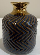Vtg Ribbed Ceramic Abstract Pattern Blue Brown Metallic Gold Small Vase 4” H picture