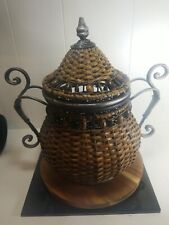 Vintage Woven Rattan Bamboo Wicker  Basket With Lid and Metal accents. OOAK picture