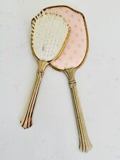 Vintage Vanity Hair Brush & Mirror Pink With Gold Polka Dots. Design Gold Tone picture