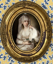 Antique French 1800's Hand painted porcelain lady, Wood Gold gilded frame 1800's picture
