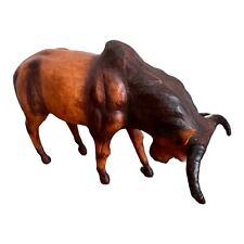 VINTAGE MID-CENTURY HANDMADE LARGE LEATHER BULL STATUE SCULPTURE picture