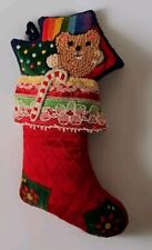 Hallmark 1983 Hand Embroidered Fabric  Stocking Ornament Teddy Rainbow Lace Z20 picture